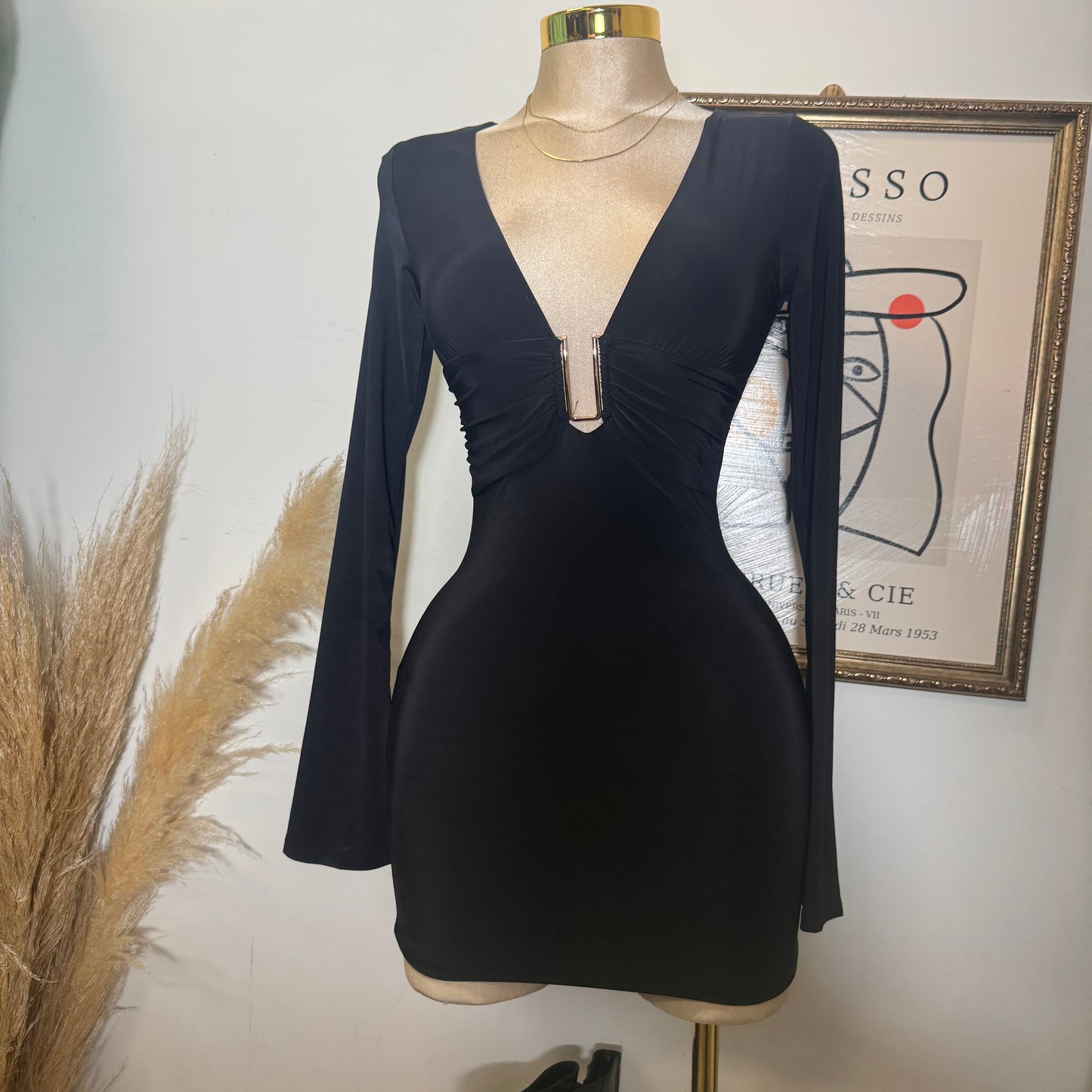 Long Sleeve Plunging Mini Dress-Black