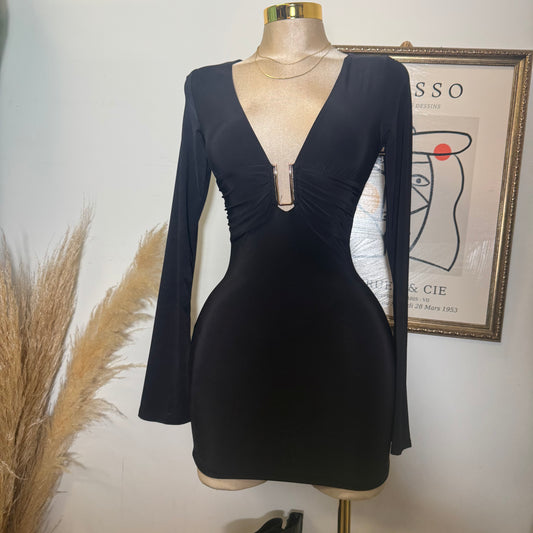 Long Sleeve Plunging Mini Dress-Black
