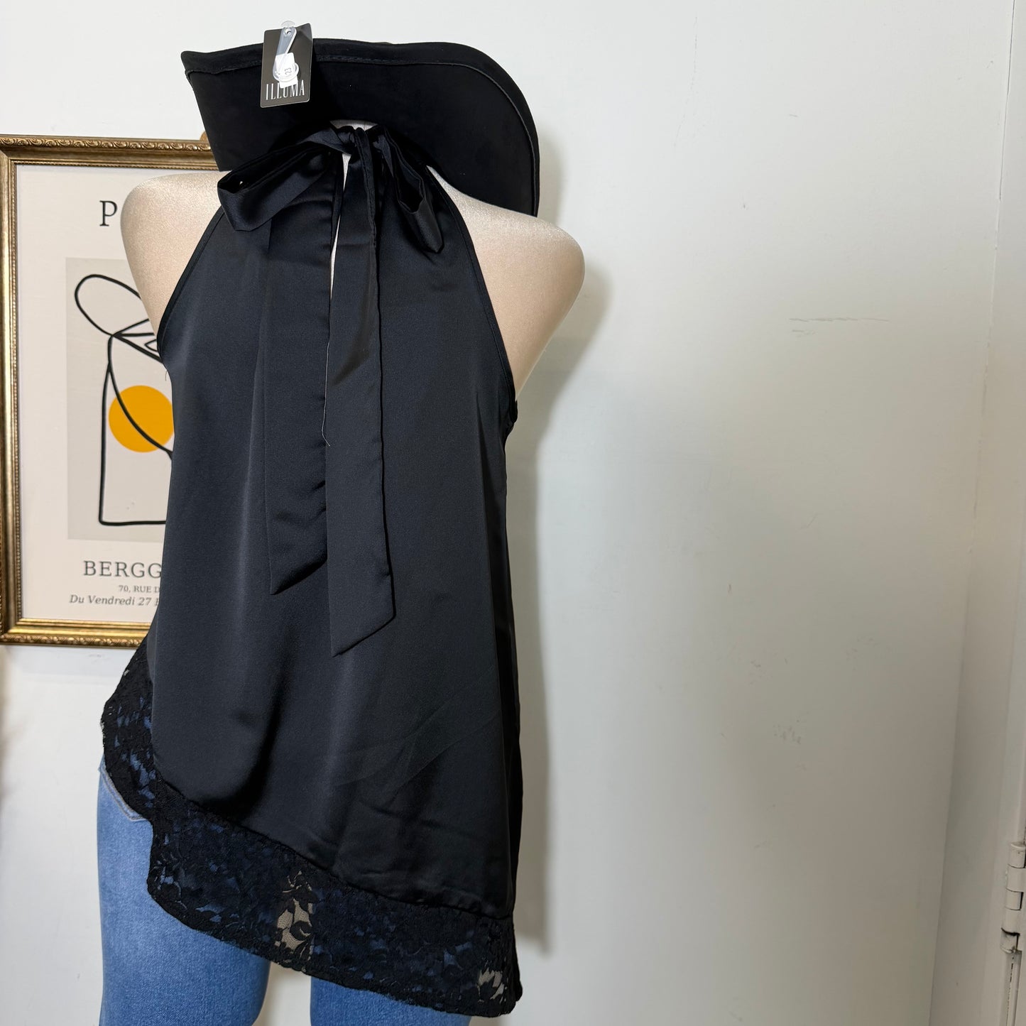 Satin Lace Asymmetrical Top-Black