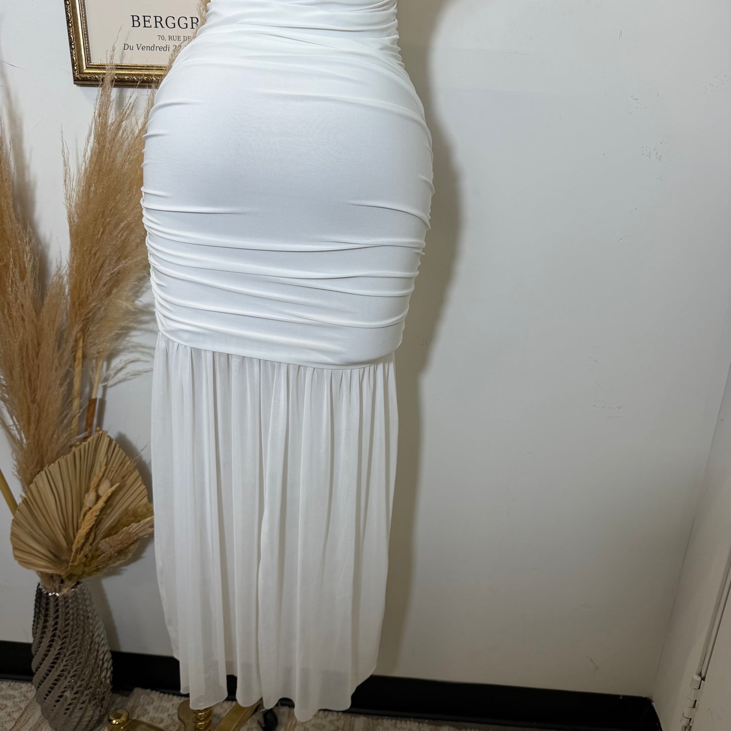Mesh & Knit Mix Long Dress-Ivory