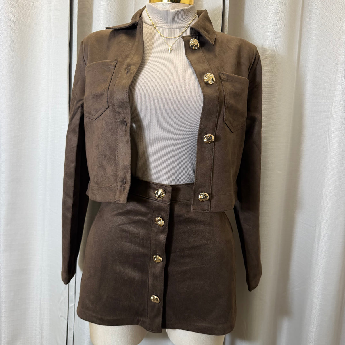 Suede skirt cropped Jacket set-Choco brown
