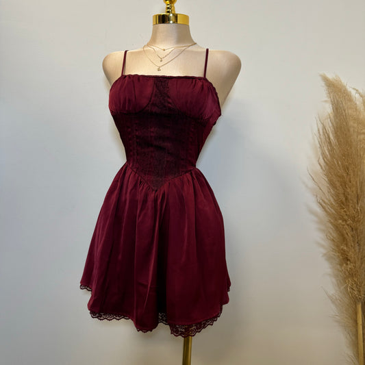 Corset Satin Dress-Burgundy