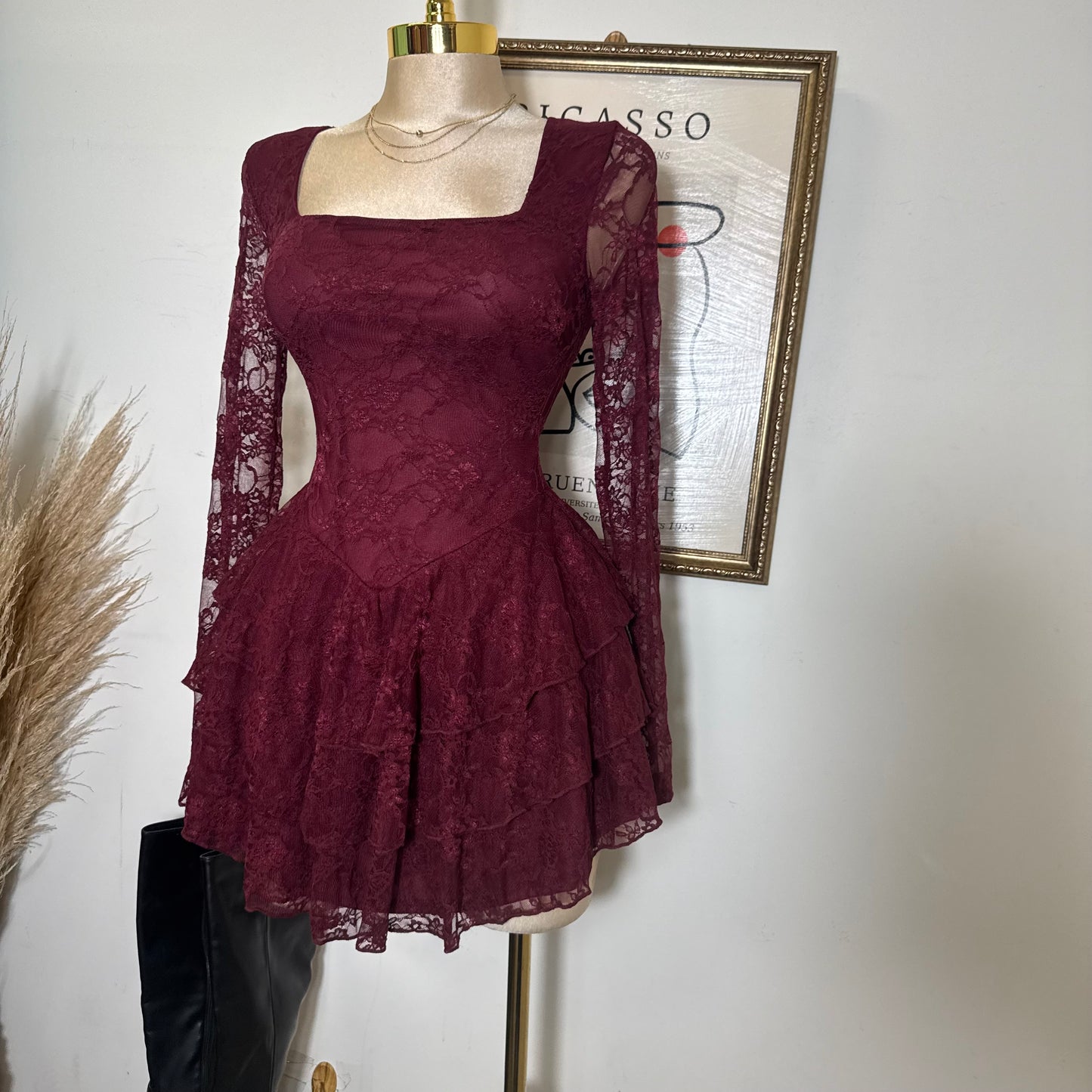 Lace Long Sleeve Ruffle Layered Mini Dress-Burgundy