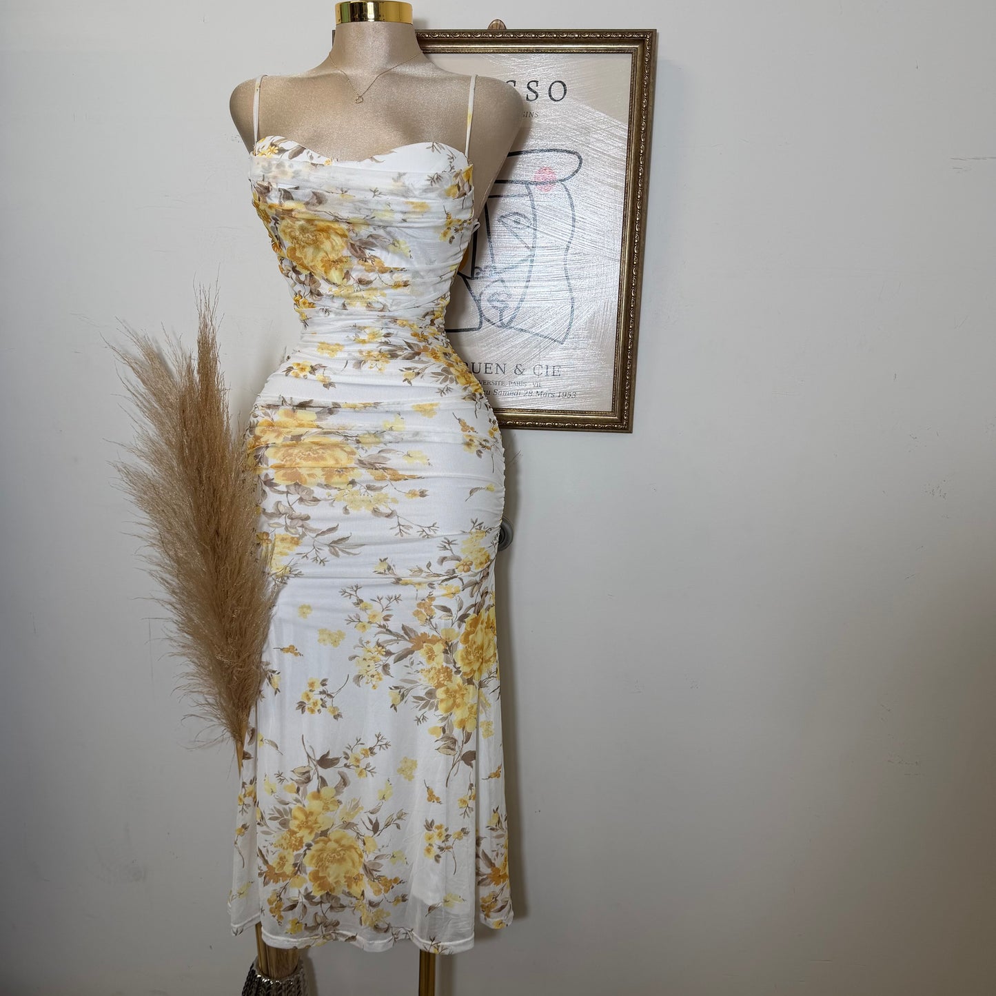 Mesh Print Midi Dress-Yellow Floral