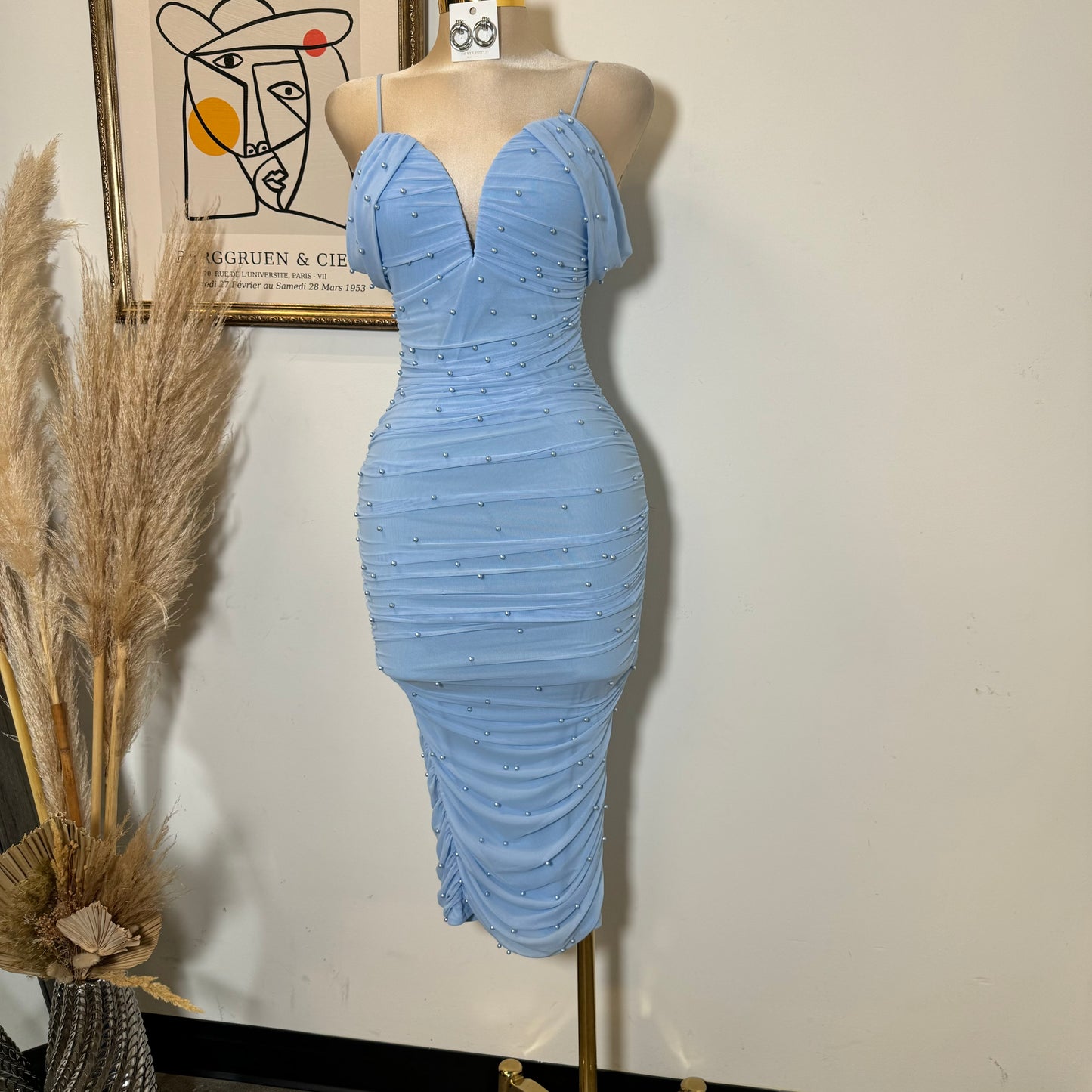 Aria Pearl Midi Dress- Baby Blue