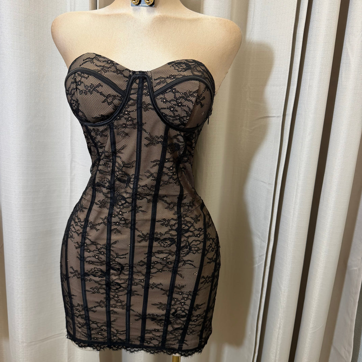 Lace with Strapping Detail Dress-Black
