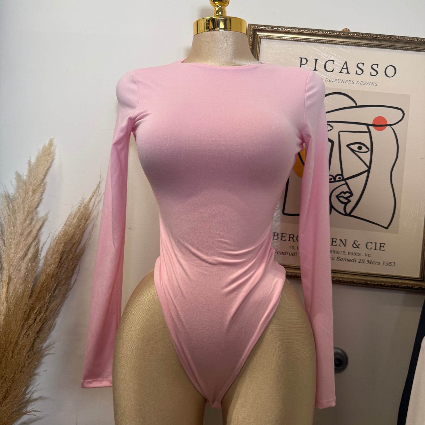 Long Sleeve Crew Neck Thong Bodysuit-Baby Pink