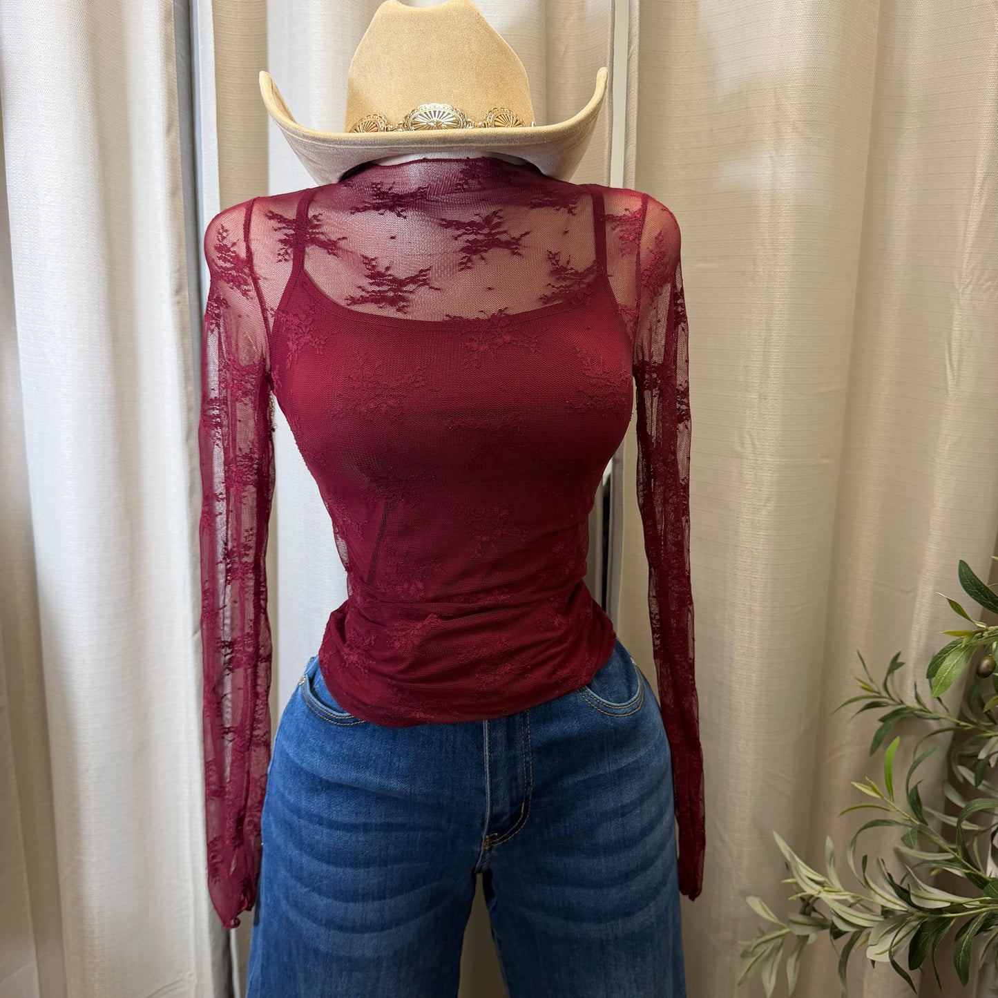 Lace Two Piece Long sleeve lace Top-Burgundy