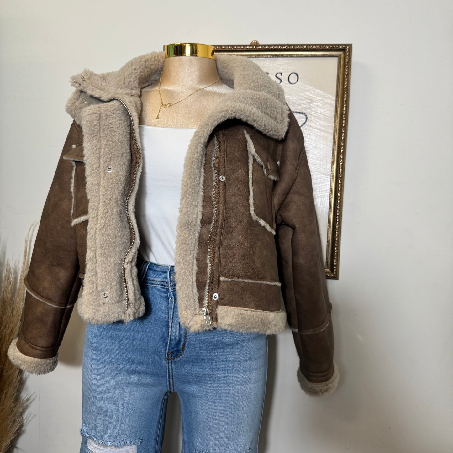 Long Sleeve Pocket Detail Faux Leather Inner Fur Jacket-Brown