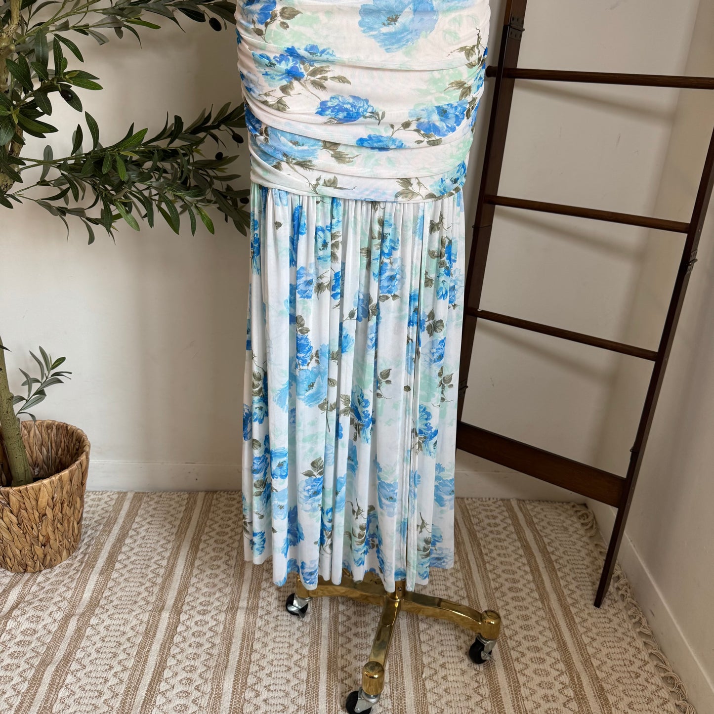 One Shoulder Mesh Maxi Dress-Blue/White