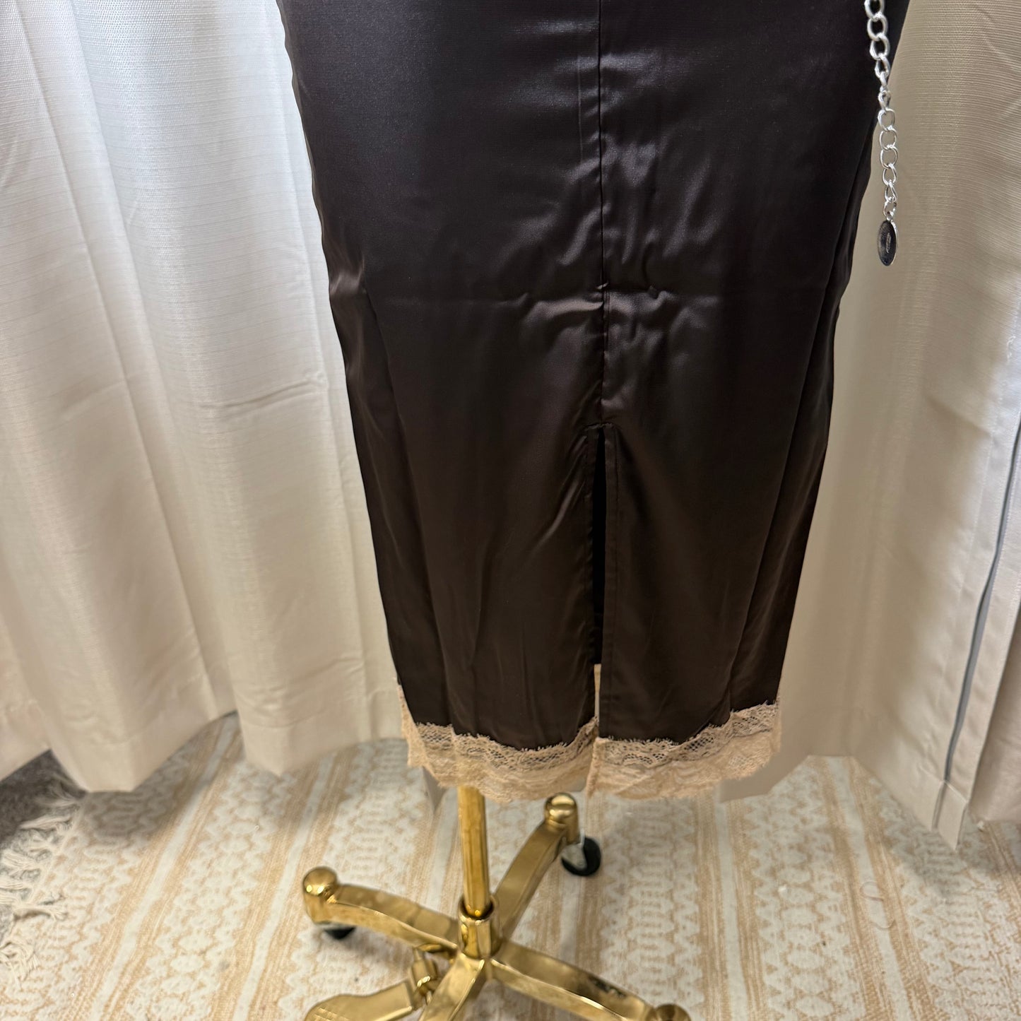 Satin Midi Skirt open front top-Brown