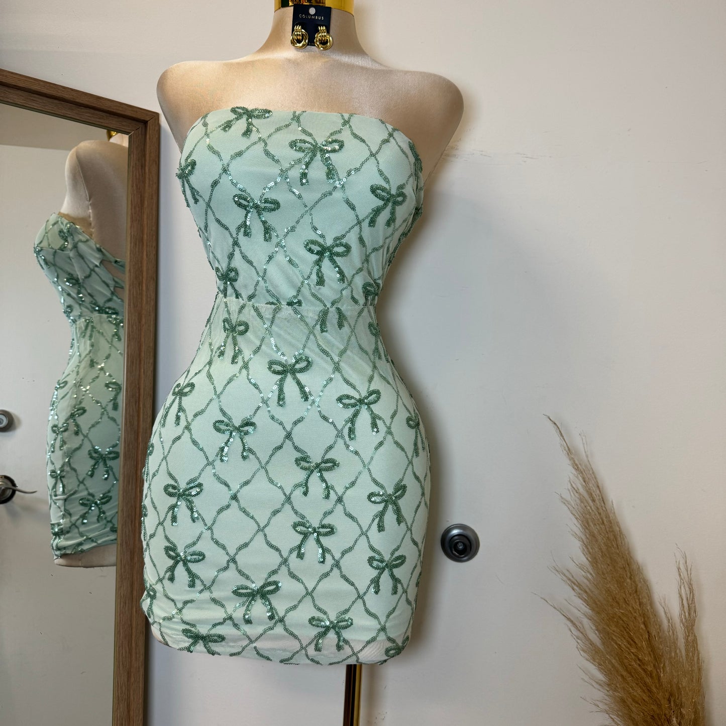 Bow Sequins Strapless Corset Dress-Green Sage