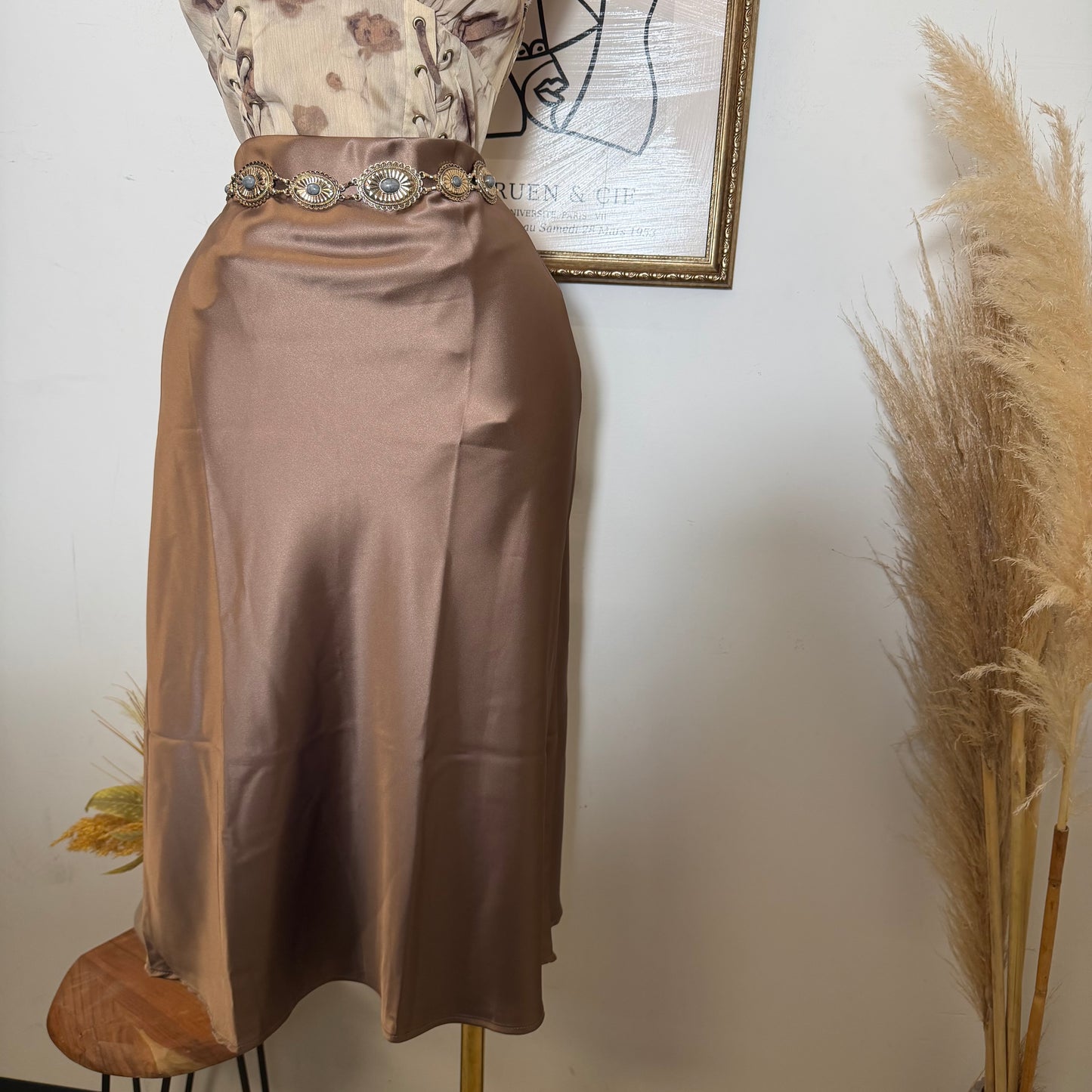 Satin Midi Skirt-Champagne