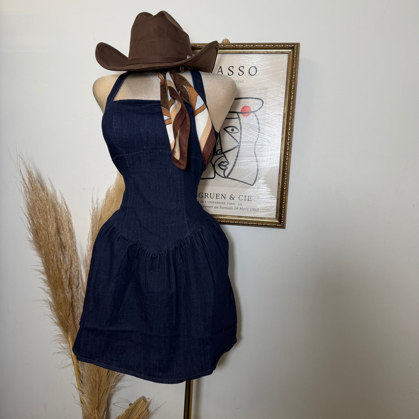 Halter Denim Flare Dress-Indigo