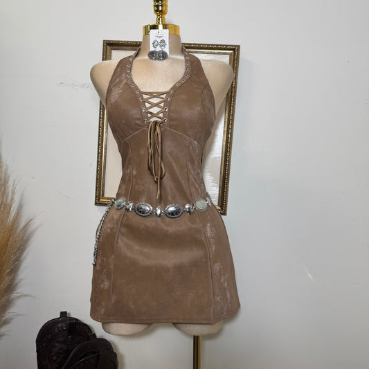 Front Gromment lace up Halter flare mini Dress-Camel