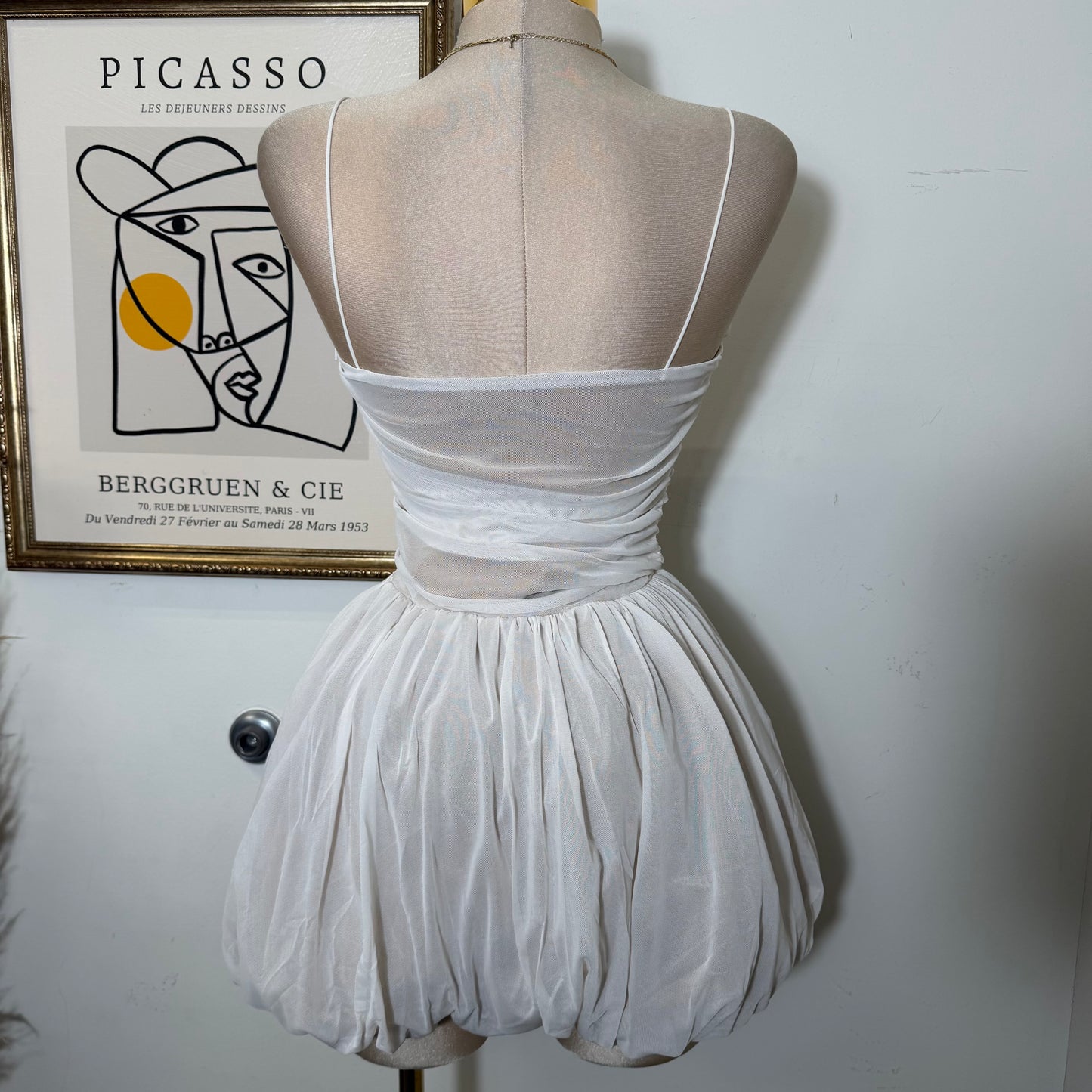 Ballon Mesh Mini Dress-Ivory