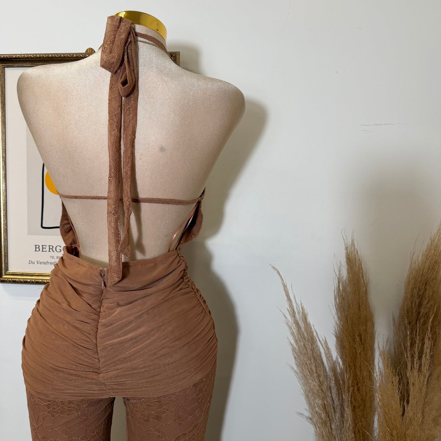 Halter Lace Jumpsuit Gold Detail-Brown