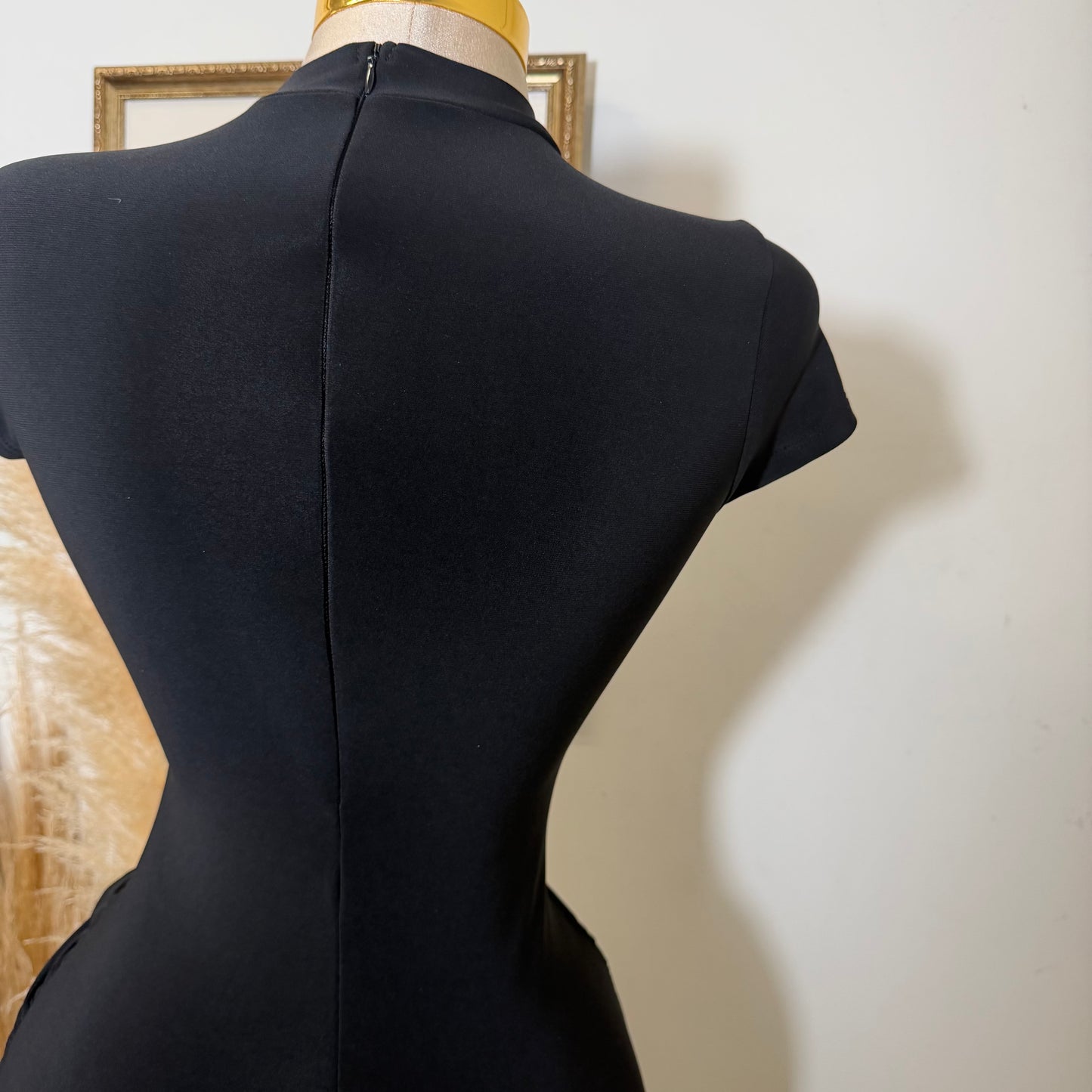 Shelf Gold Trim with Sash Detail Midi Dress-Black