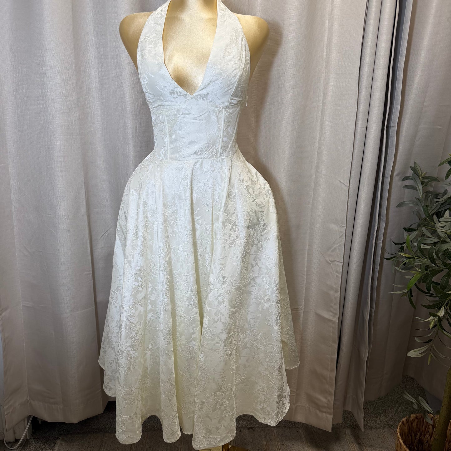 Satin Jacquard Halter neck Midi Dress-Ivory