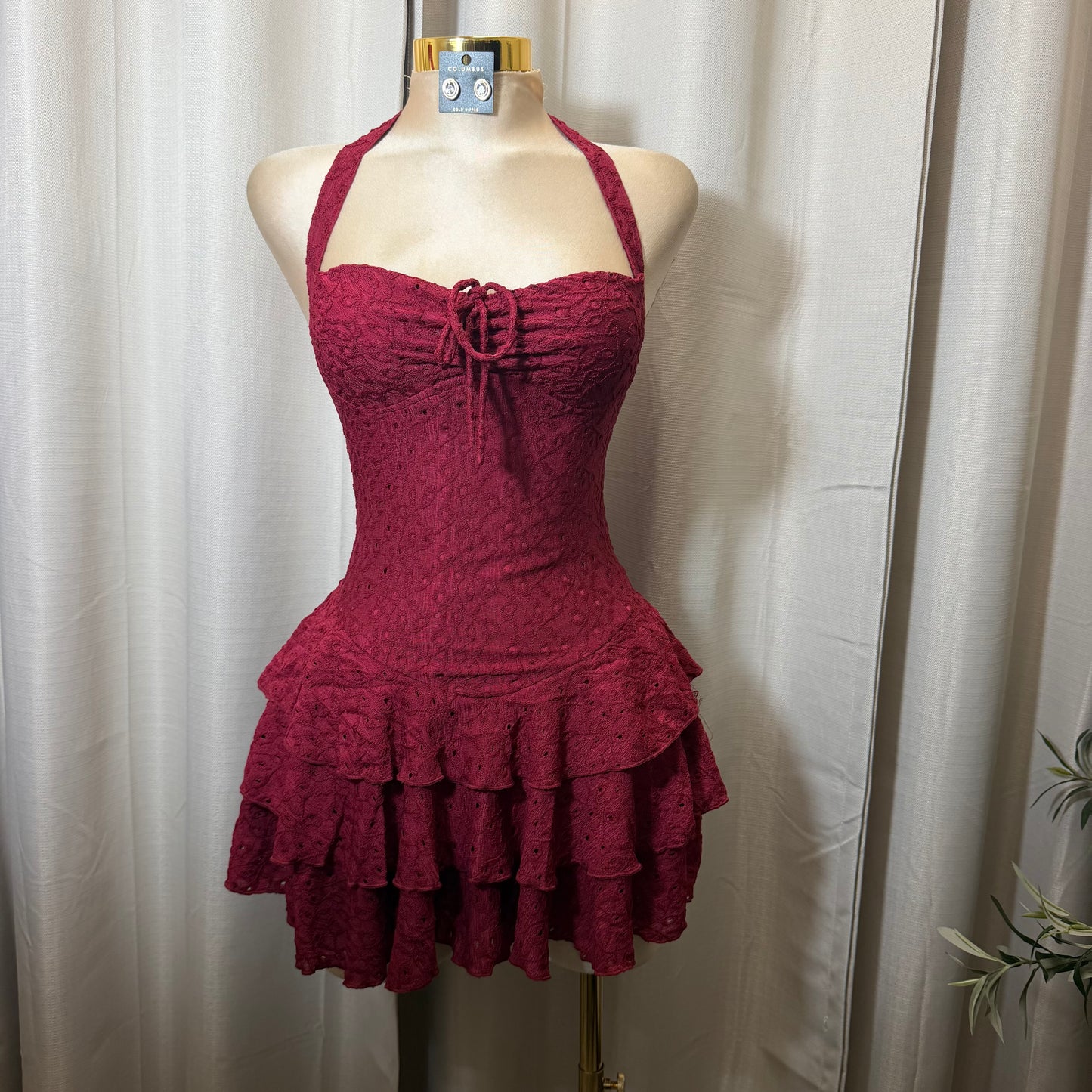 Eyelet halter neck Tiered Ruffle Mini Dress-Burgundy