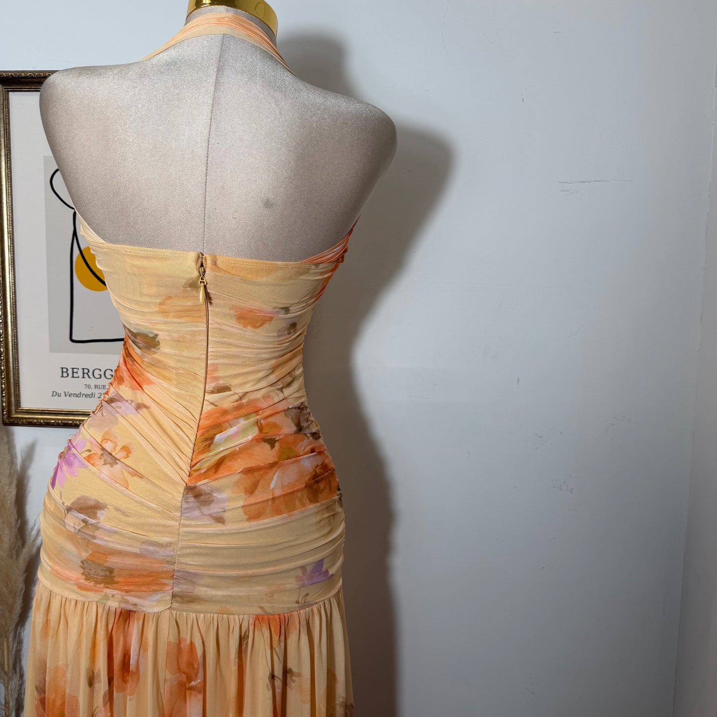 Printed Mesh Strapless Ruched Asymmetric maxi Dress-Peach Orange