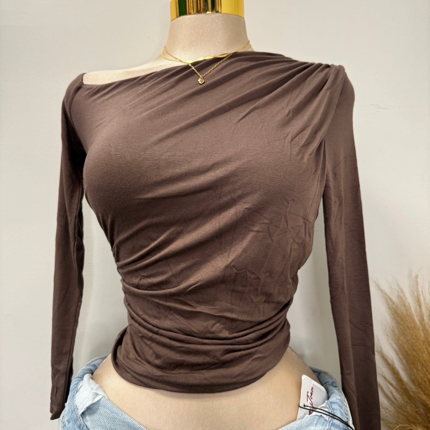 One Shoulder Long Sleeve Top-Brown