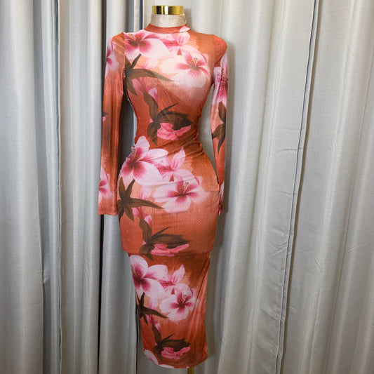 Rose Midi Mesh dress-Orange/ Pink combo