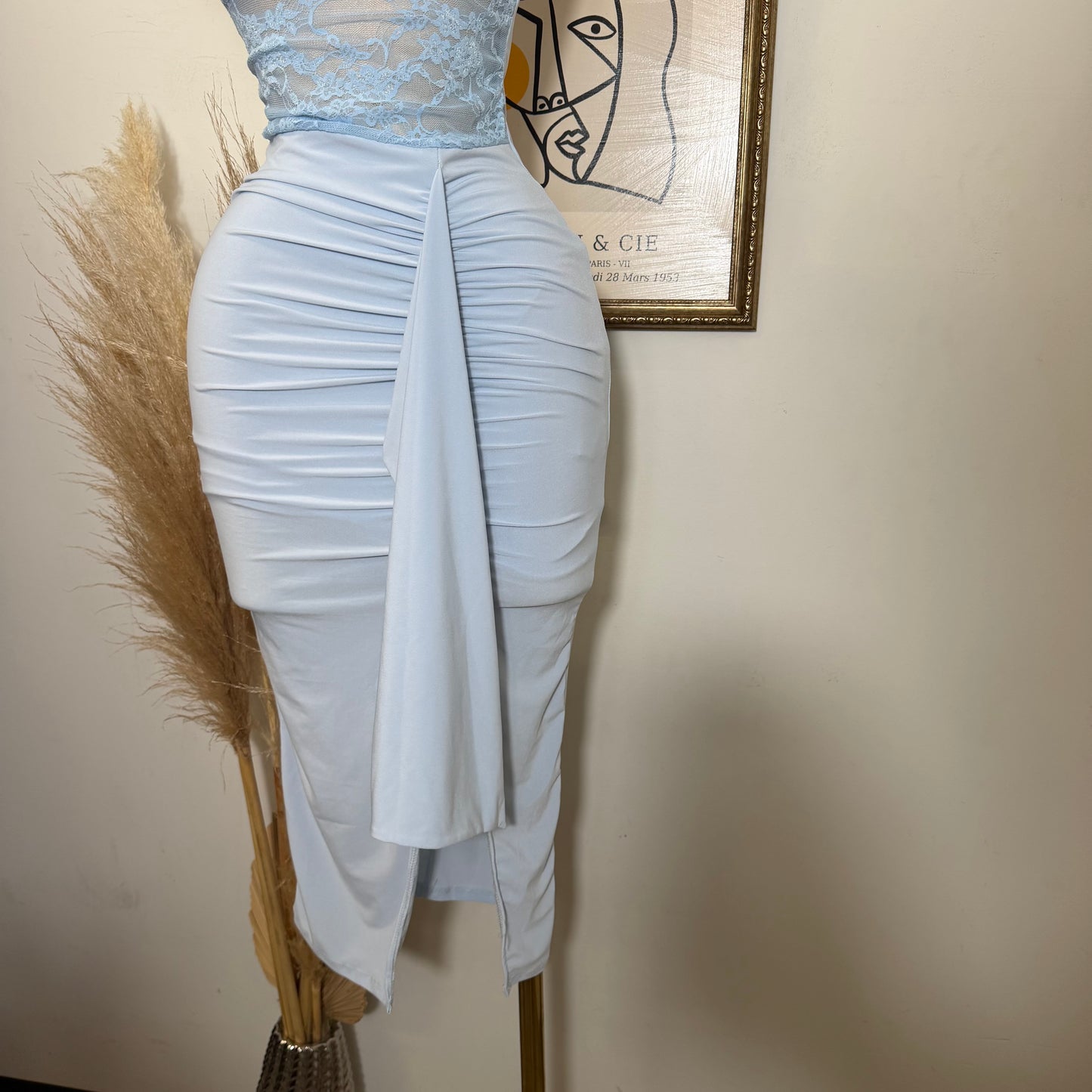 Lace Waist Contrast Midi Dress-Baby Blue