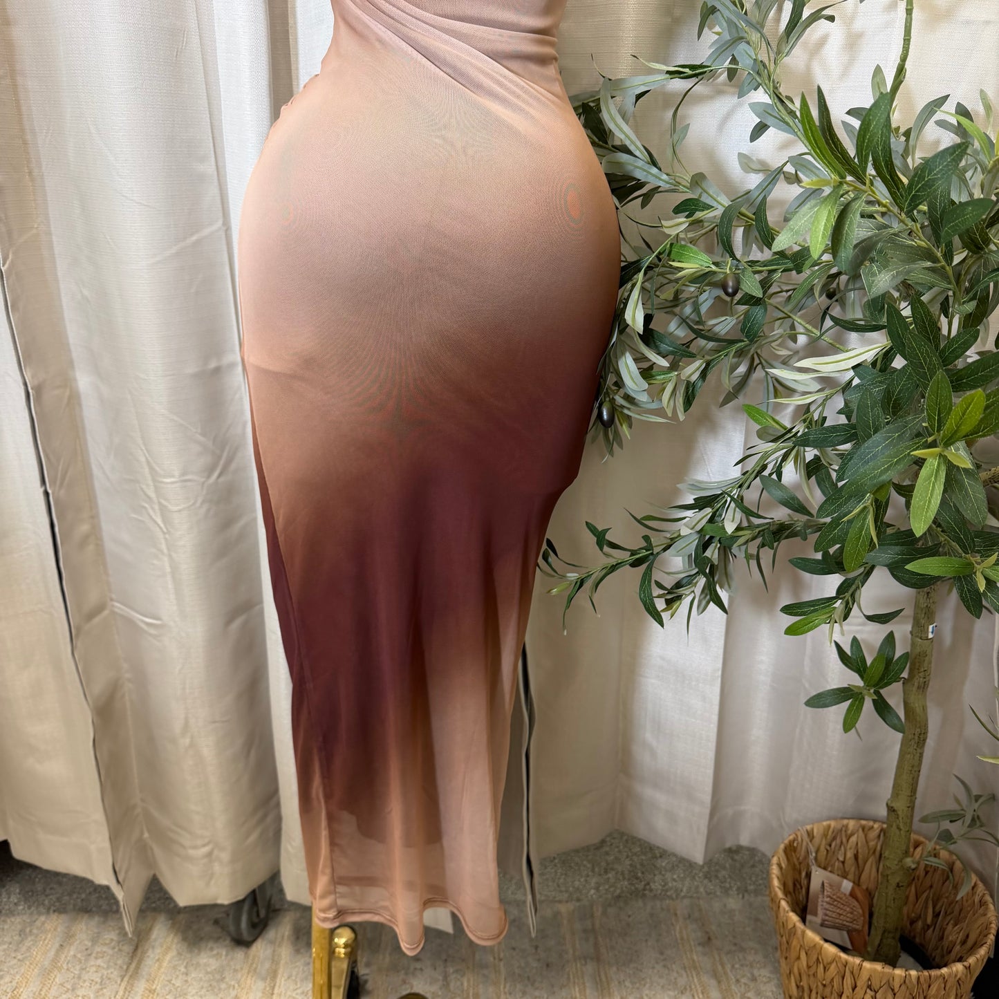 Off shoulder Mesh Ombré Maxi Dress-Brown