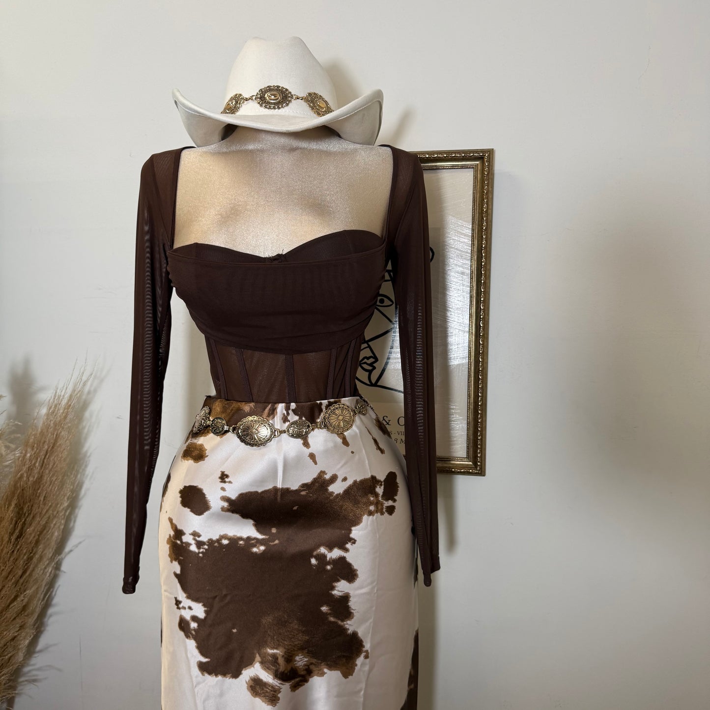 Cow Print Satin Maxi Skirt-brown