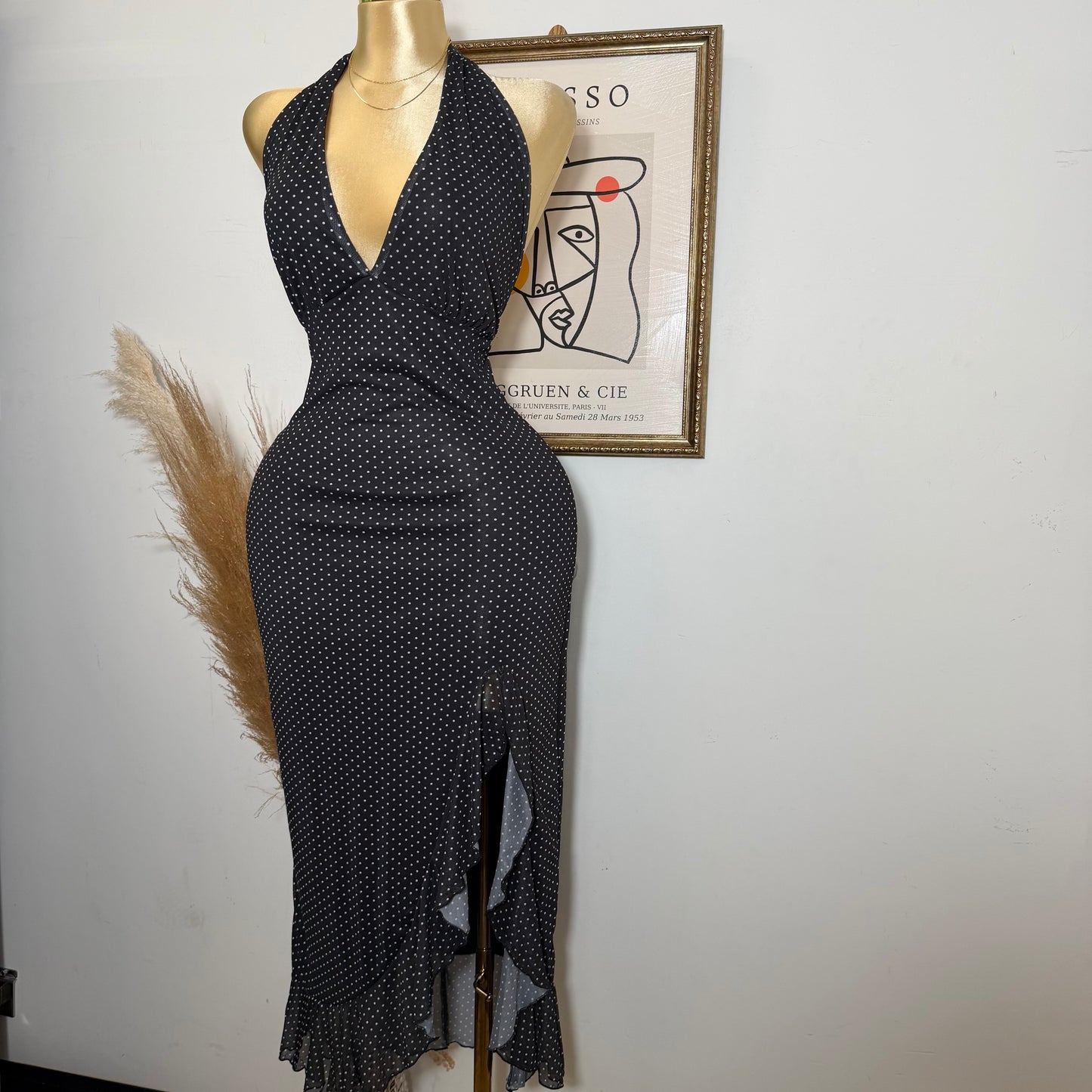 PL-Mesh Halter Maxi Dress Open Slit Dress-Black