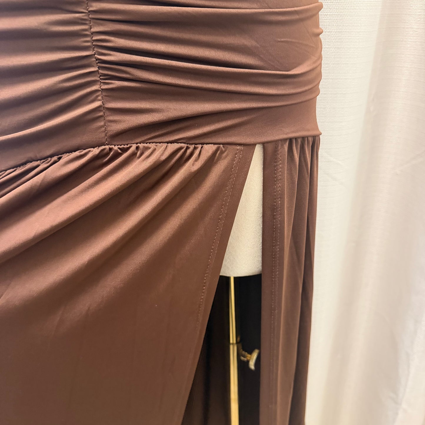 Halter Plunging Neckline Ruched Maxi Dress-brown
