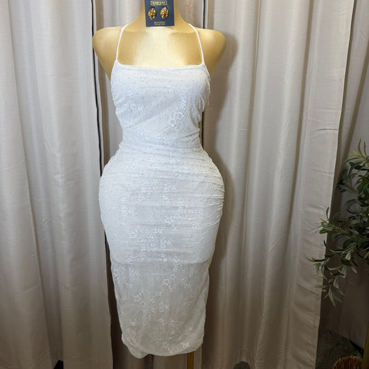 LACE RUCHED MIDI DRESS-White/Ivory