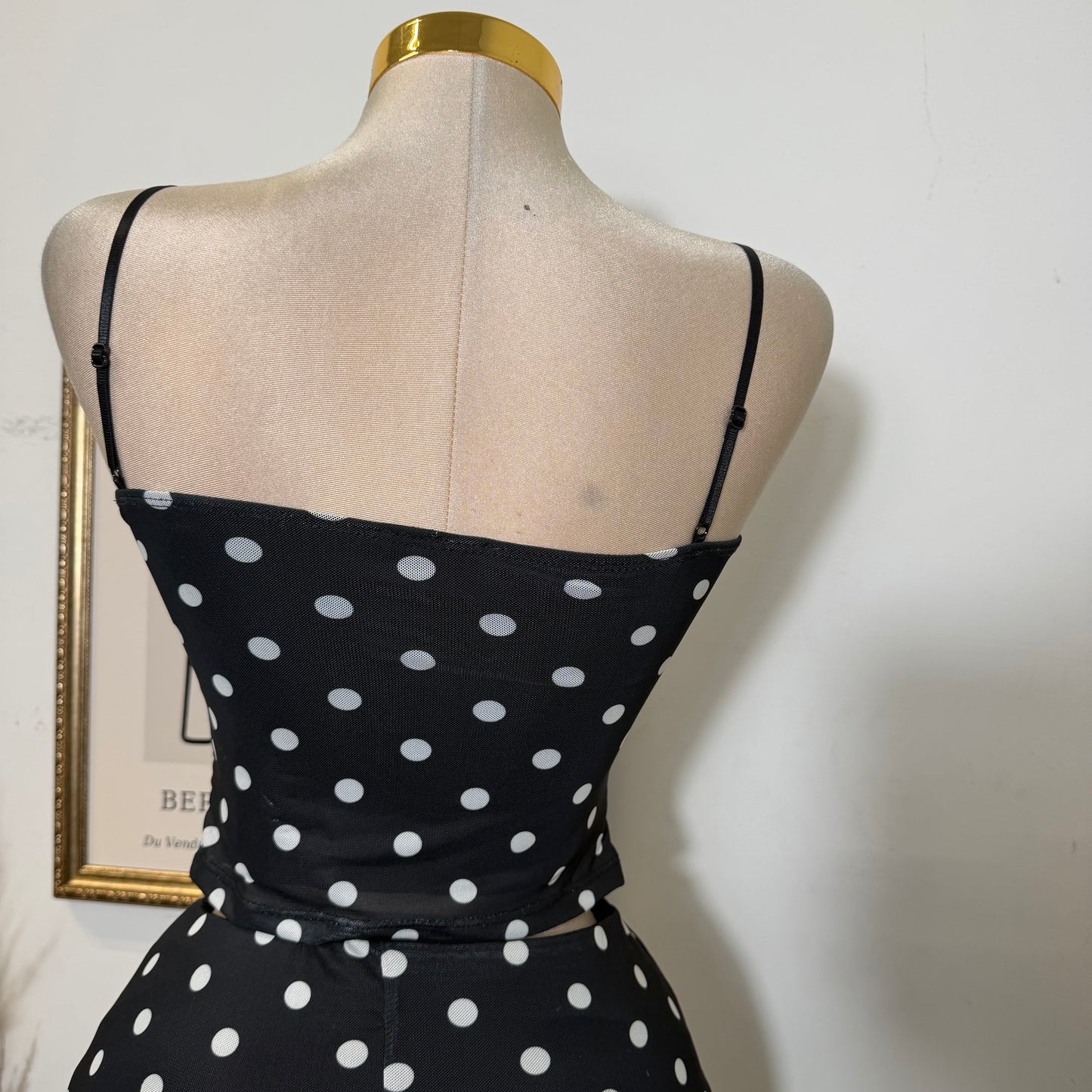 Polka DoT Mesh Print Twist Cami Top & Slit Maxi Skirt-White/Black