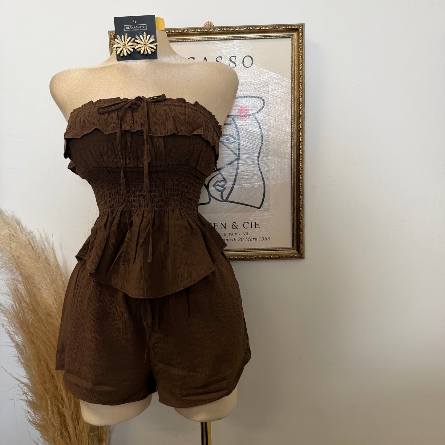 Smocked Tube Top Shorts Two piece set-Choco