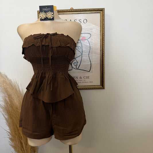 Smocked Tube Top Shorts Two piece set-Choco