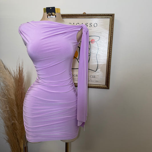 Off Shoulder Ruched Side Tie Mini Dress-Lavander