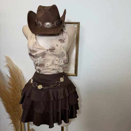 Metal Trim Ruffle Mini Skort-Brown