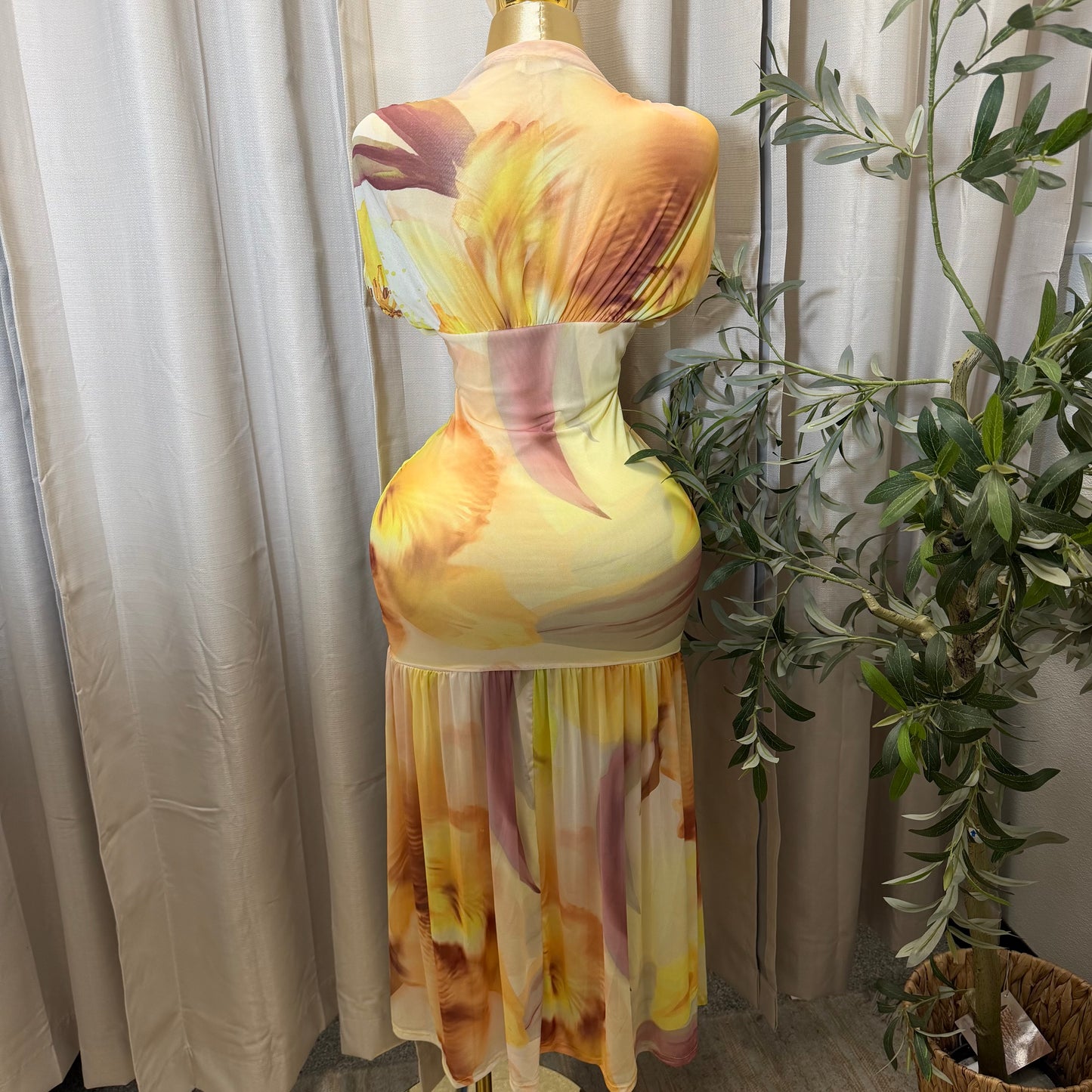 Mesh & Knit Mix Long Dress-Yellow Print