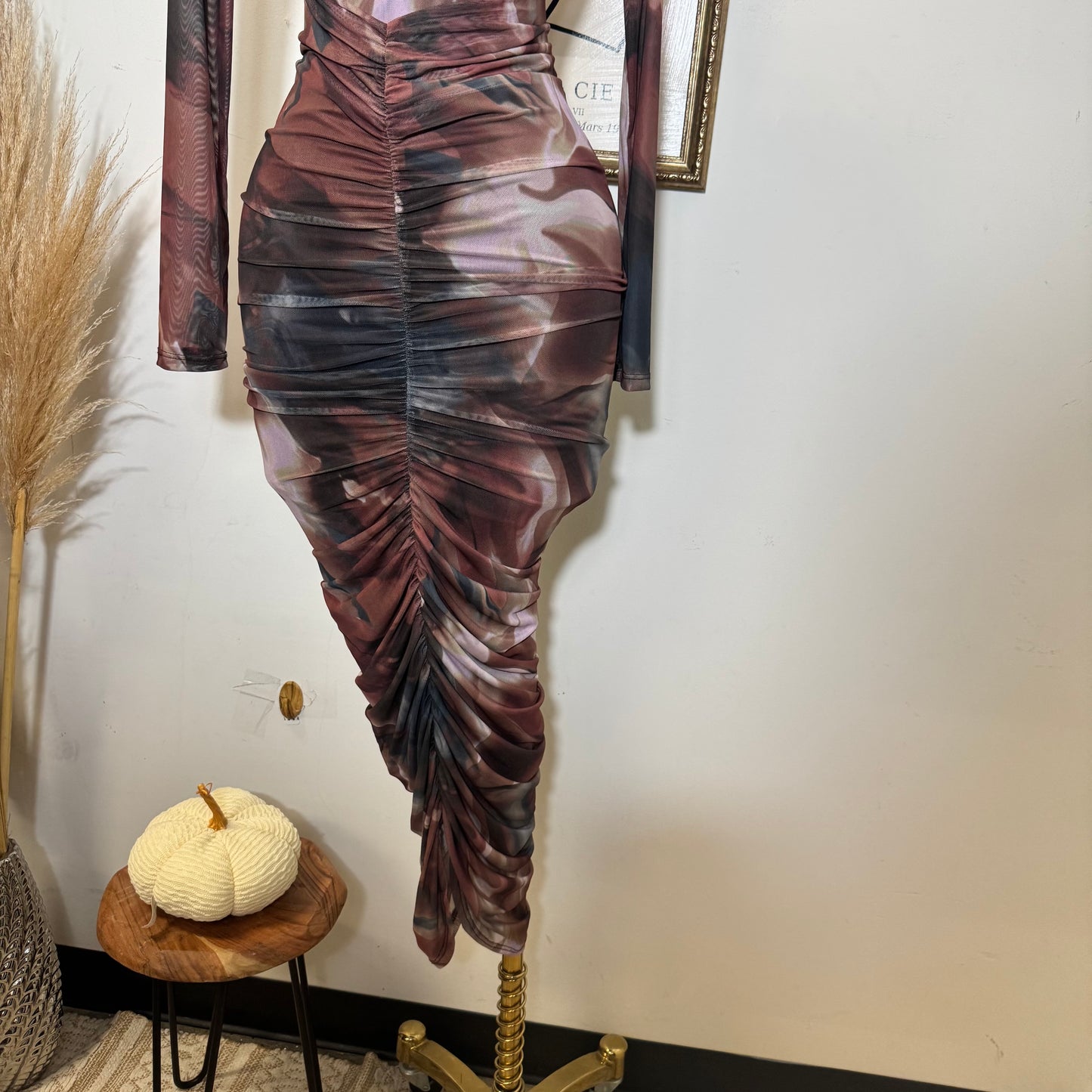 Multi Colored Mock Neck Long Sleeve Maxi Dress-Brown