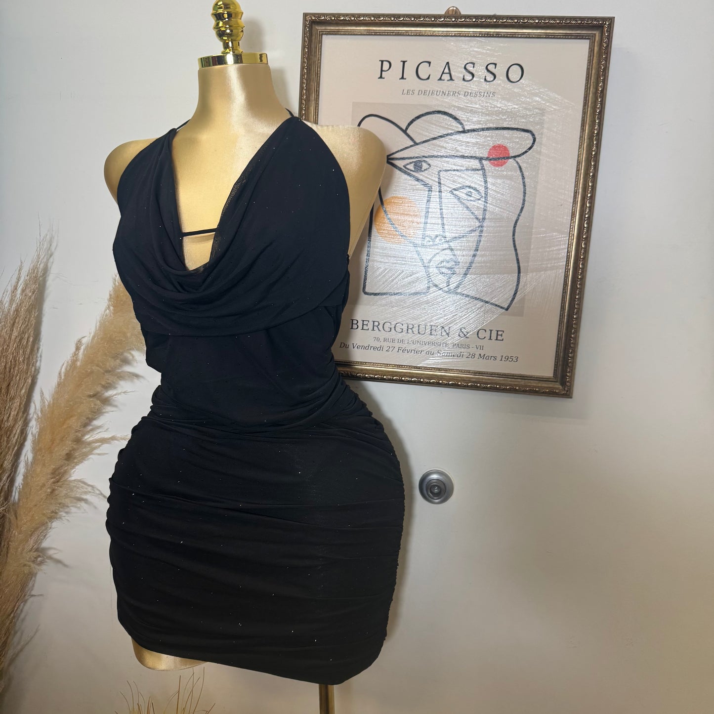 Rhinestone Detail Ruched Mesh Halter Dress-Black