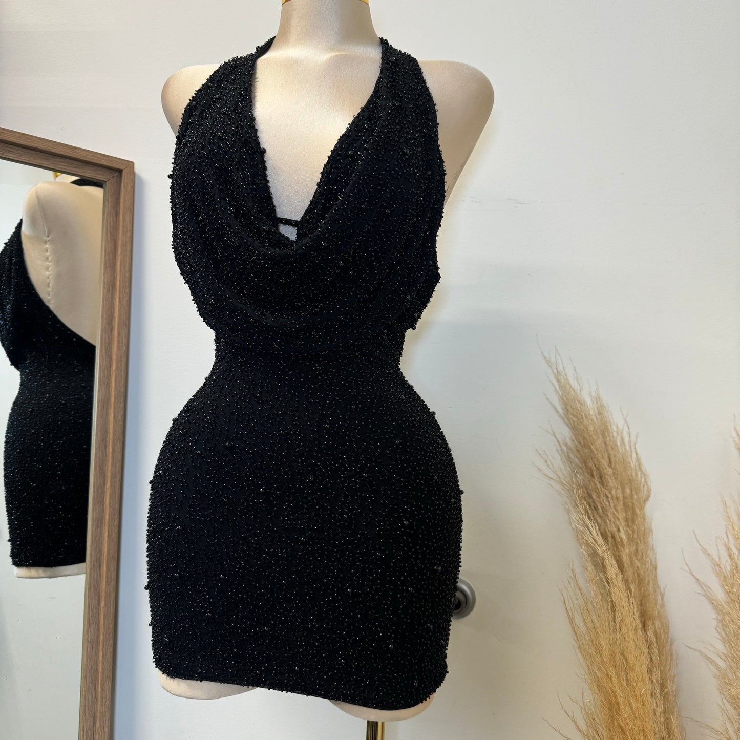 Cowl beaded Halter Dress-Black