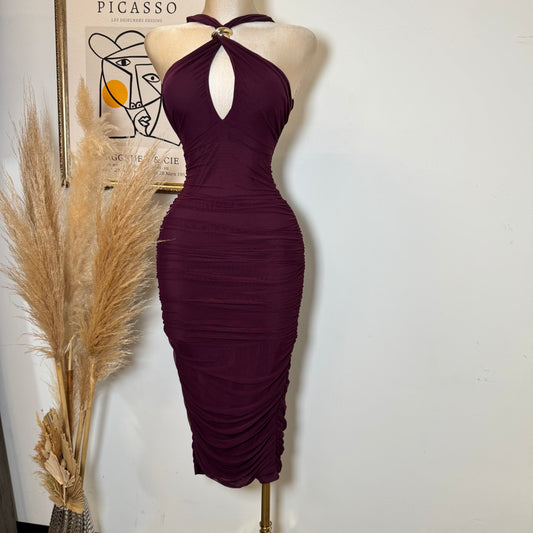 Halter Neck Trim Inset Ruched Bodycon Midi Dress-Plum
