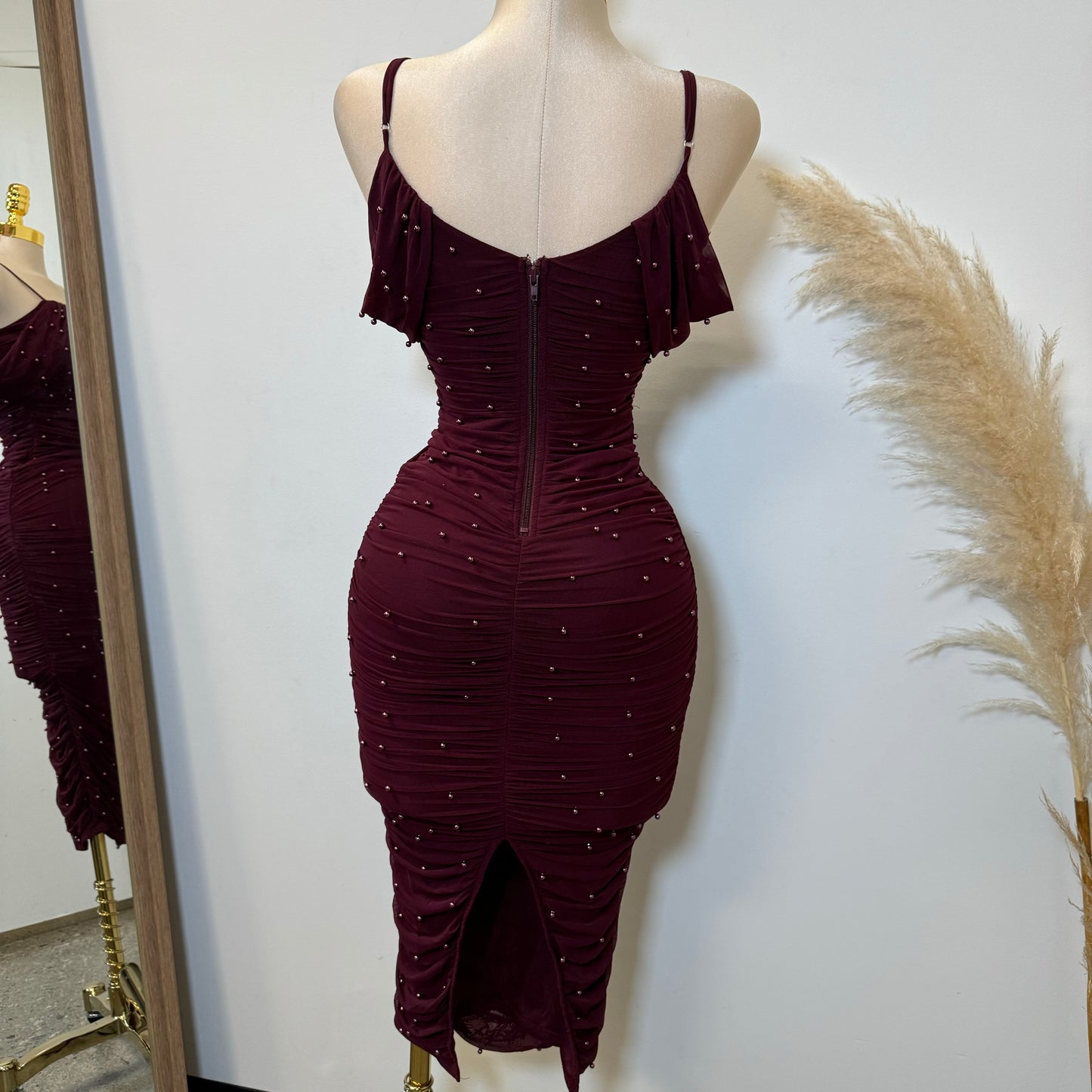 Aria Pearl Midi Dress- Burgundy