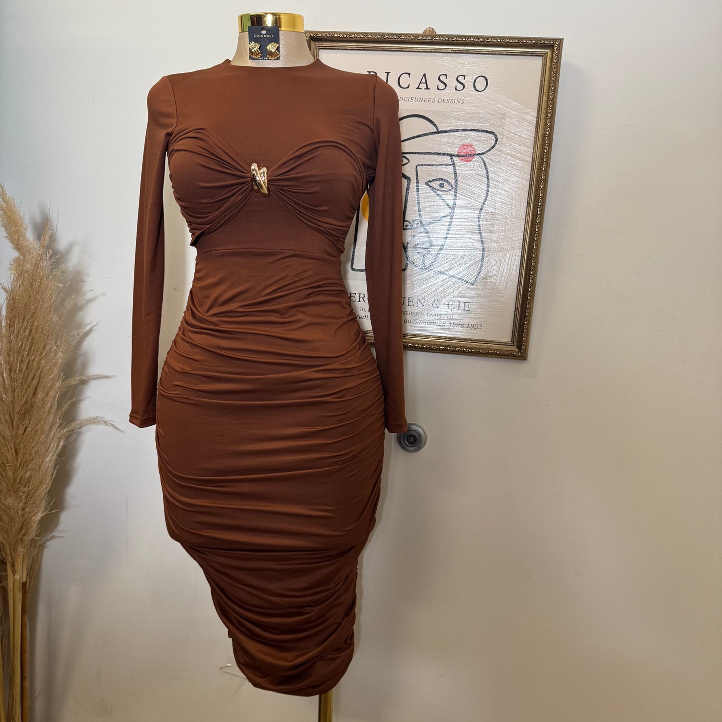 Long Sleeve Double Layered Midi Dress-Mocha