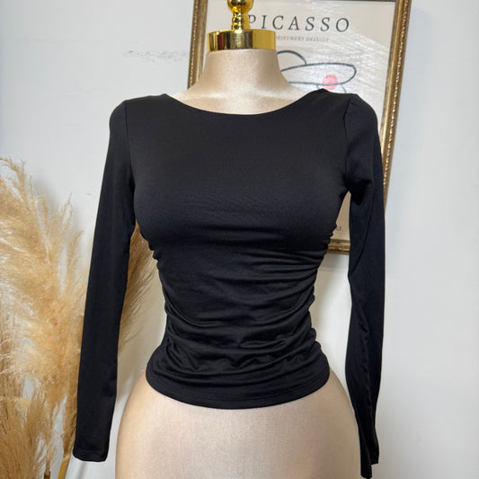 Ruched Long Sleeve Double Layered Top-Black