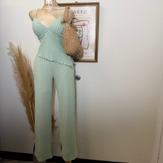 Merrow Asymmetric Hem Top and Pant Set-Sage
