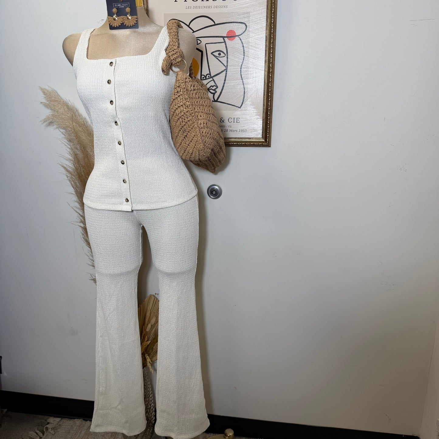 Square neck Vest & Flare Pant set-Ivory