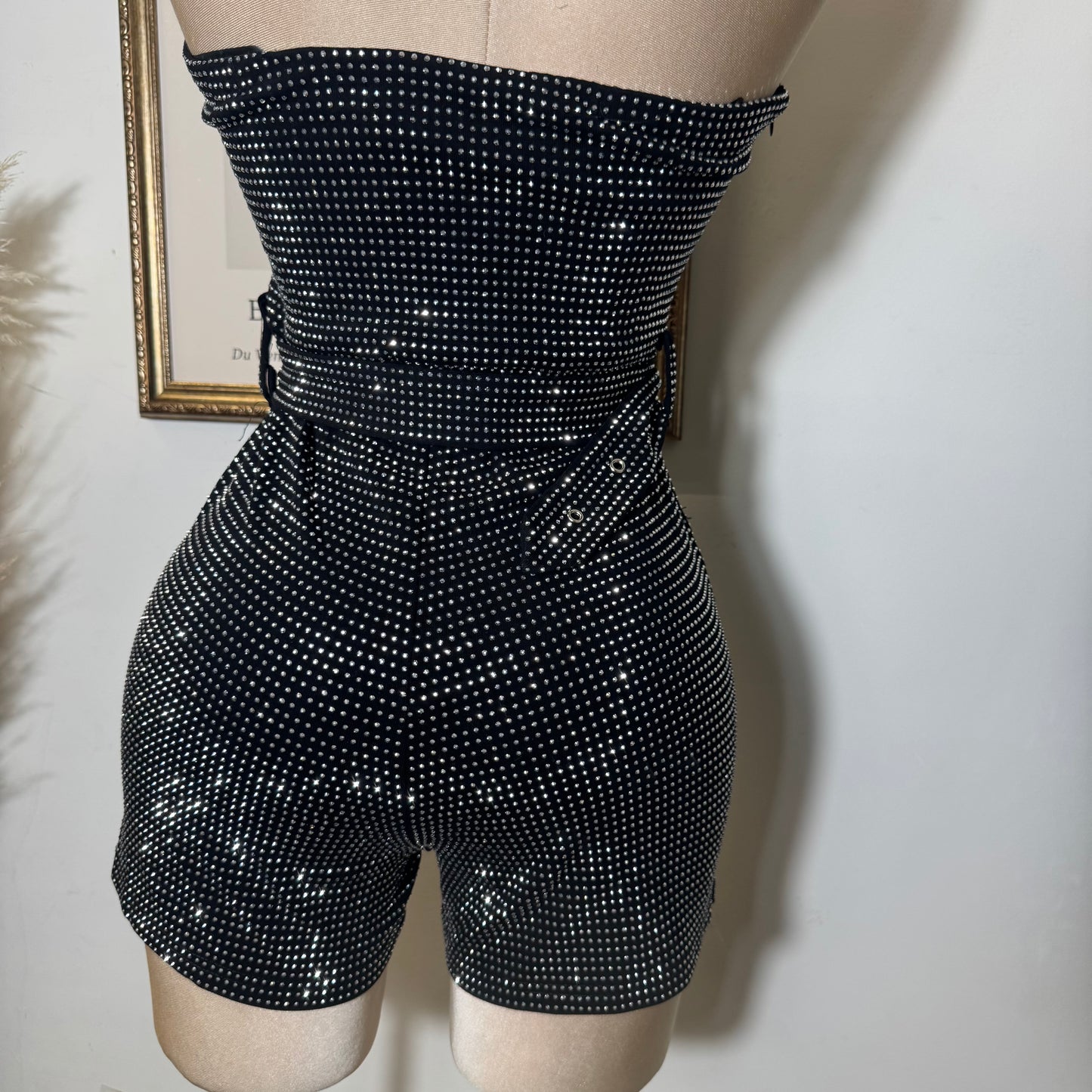 Strapless Rhinestone Romper With Belt-Black