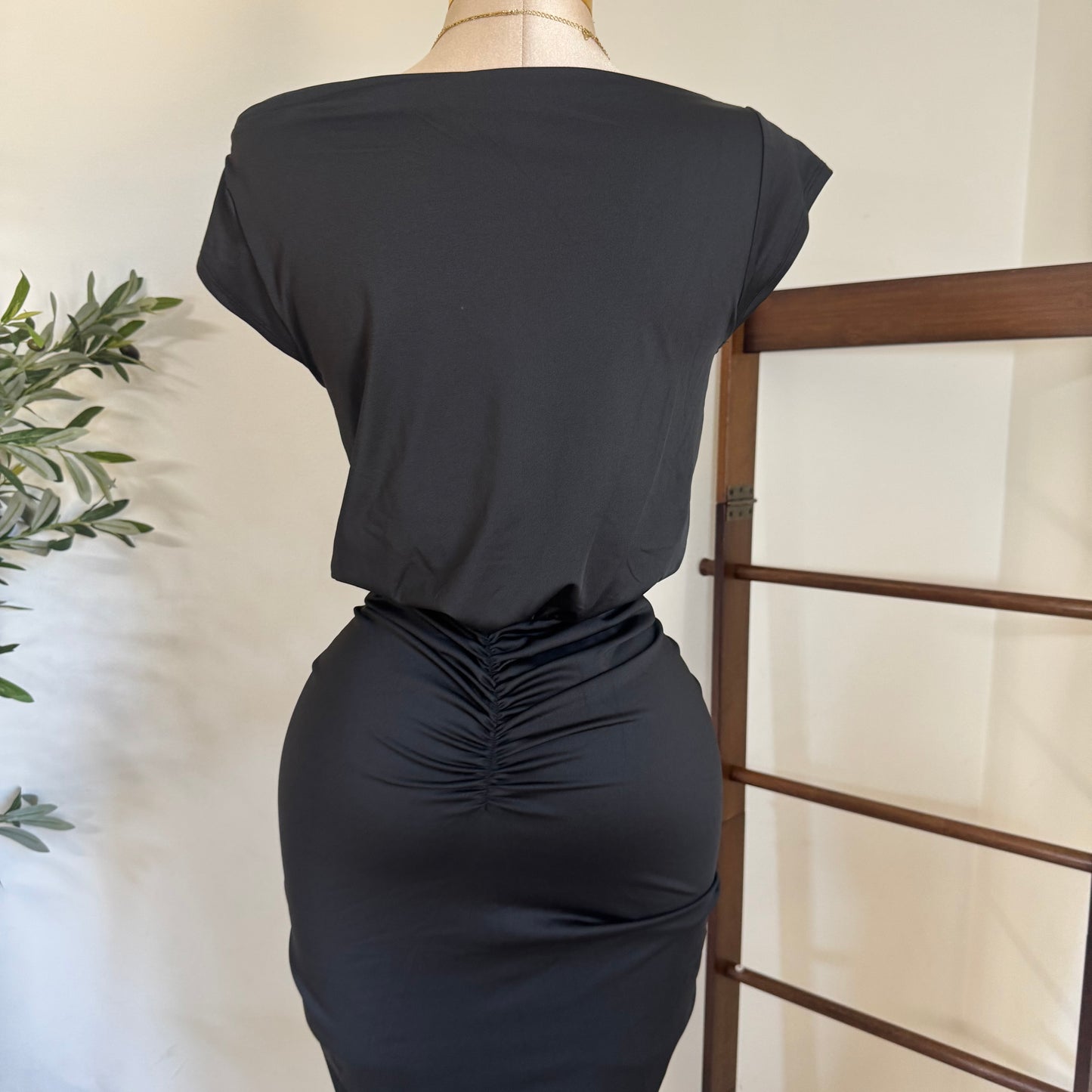 Ruched Elegance Draped Midi Dress-Black